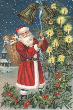 an old fashioned christmas card with santa claus and bells hanging from it's tree