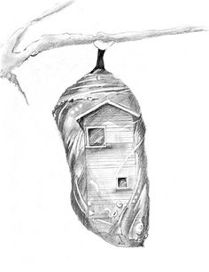 a drawing of a house hanging from a tree branch