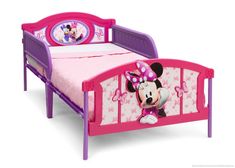 minnie mouse toddler bed with pink and purple sheets, headboard and foot board