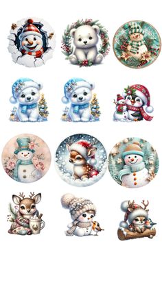 a bunch of plates that have different designs on them, all decorated with snowmen