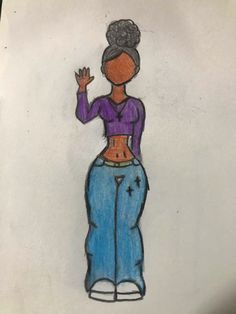 a drawing of a woman in purple top and blue jeans with her hand on her hip