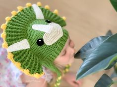 All dino-fans will enjoy wearing this zingy triceratops hat, a prehistoric pal that warms your heart with its presence. This pattern comes in 6 sizes ranging from babies to adults, so you can keep your ceratopsians warm and cozy. You can make this hat with earflaps and ties, or finish it as a beanie using your favorite colors. The instructions are written row-by-row in American crochet terms, along with crochet diagrams, step-by-step photos, and a conversion chart to UK terms. FORMAT & LANGUAGES Dinosaur Hat Crochet, Crochet Animal Hats, Dinosaur Hat, Hat Crochet Pattern, Crochet Dinosaur, Front Post Double Crochet, Crochet Shop, Crochet Cap, Animal Hats