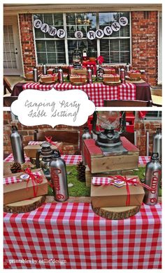 an outdoor party with red and white checkered table cloths, picnic tables and decorations