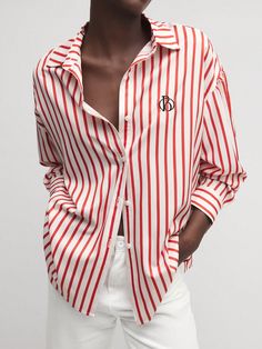 Camisa holgada de trabajo bordada con diseño de rayas rojas y blancas Rojo y blanco Casual  manga larga Tela tricotada Color combinado,A rayas Camisa No-Elástico  Women Clothing, size features are:Bust: ,Length: ,Sleeve Length: Women Blouses, Comic Styles, Red And White Stripes, White Casual, Embroidered Shirt, Striped Shirt, Wide Leg Jeans, Women Clothes Sale, All Fashion