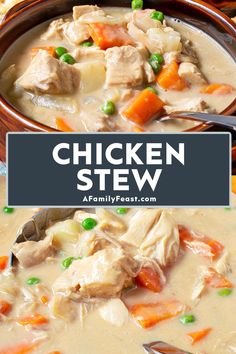 chicken stew with carrots and peas in a brown bowl