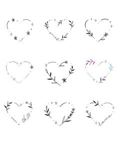 six different hearts with arrows and stars in the shape of heart, on white background