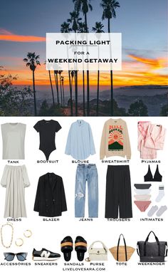 A white background with a picture of a sunset, and a layout of what pieces to pack for a weekend trip in the summer. Blue Striped Tank Top Outfit, Weekend Road Trip Outfit, Striped Dress Outfits, Florida Work Trip Outfits, Girls Weekend Outfits, Pyjamas Dress, Pack For A Weekend Trip, Weekend Getaway Packing List