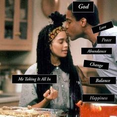 a man and woman kissing in the kitchen with words above them that say god, peace, abundance, change, balance, happiness