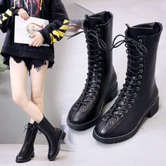 Black Lace up Mid Calf Boots on Storenvy Feminine Chic, Fashion Board, Harajuku Fashion, Calf Boots, Mid Calf Boots, Fashion Shop, Beauty Accessories, Lace Boots, Gothic Fashion