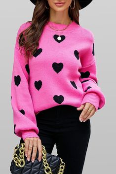 Sweaters With Hearts, Pink Heart Sweater, Casual Sweaters Women, Casual Pullover Sweater, Lantern Sleeve Sweater, Comfortable Sweater, Heart Sweater, Retro Clothing, Bubble Sleeve