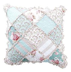 PRICES MAY VARY. Fabric: 100% Cotton, Filling: 100% Polyester Enjoy our dainty country cottage designed and colorful patchwork euro pillow sham for a brightened look in any room. Accented with diamond shaped floral patches and edged ruffle accents all over in light blue/green, pink and white shades. Included - One piece 26" x 26" Euro Sham Cover can hold up to 26" inches of pillow insert - Inserts are NOT included Washing Care Instructions - Machine wash with cold water in gentle cycle. Do not b Cottage Pillows, Euro Pillow Covers, Patchwork Diy, Quilt Square Patterns, Floral Patches, Quilted Throw Blanket, Printed Pillowcases, Patchwork Quilt Patterns, Patchwork Pillow