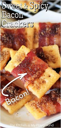 Baked Sweet & Spicy Bacon Crackers Spicy Bacon Crackers, Bacon Crackers, Spicy Crackers, Bacon Cracker, Crackers Appetizers, Spicy Bacon, Club Crackers, Bacon Appetizers, Tailgating Recipes