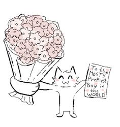 a drawing of a cat holding a bouquet of flowers