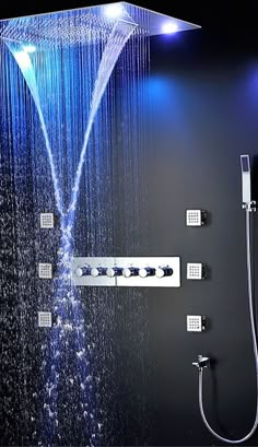 the shower head is illuminated with blue lights