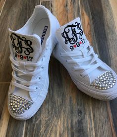 Make your day extra special with these beautiful Embroidered Monochrome Converse with your wedding date or monogram and date on the tongue. You can choose either all black or all white, they have NO lines around the sole as other converse do. Thread color is your choice ... hearts will be RED unless other color is specified. When placing your order: Please note thread color in notes section wedding date First name, Middle name and Last name so that I can get monogram correct. (Note: middle lette White Sneakers With Laces For Bridal Shower, White Low-top Wedding Shoes For Bride, White Low-top Wedding Shoes For Bridal Shower, Custom White Sneakers With Round Toe For Anniversary, White Custom Sneakers With Round Toe For Anniversary, White Round Toe Sneakers For Bridal Shower, White Custom Lace-up Sneakers With Rhinestones, White Lace-up Custom Sneakers With Rhinestones, Customizable Low-top Wedding Shoes For Anniversary