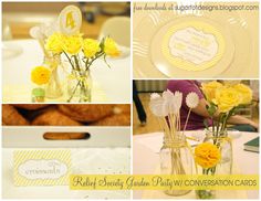 yellow flowers are in vases and on the table at a party or wedding reception