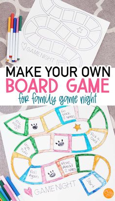 make your own board game for family game night with crayons and colored pencils