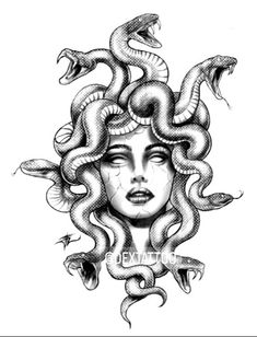 a drawing of a woman with snakes on her head