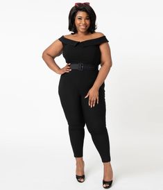 Unique Vintage Plus Size Black Off Shoulder Gillian Jumpsuit Vintage Plus Size, Wardrobe Wishlist, Ballerina Shoes Flats, Black Off Shoulder, Looks Black, Skirt And Blouse, Plus Size Jumpsuit, Gala Dresses, New Leaf