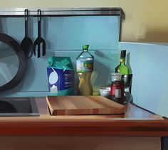 the kitchen counter is clean and ready to be used for cooking, with utensils hanging on the wall