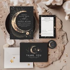 Celestial Mystical Moon Starry Night Boho Wedding Invitation Black Wedding Table, Celestial Wedding Theme, Sun Halo, Starry Night Wedding, Black Gold Wedding, Wedding Table Number Cards, Moon Wedding