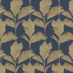 a wallpaper pattern with gold feathers on a dark blue backgrounnd background