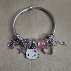 Hello Kitty Pink & Silver Charm Bracelet Tags: Sanrio Kawaii Cute Kidcore Cat Cartoon Bow Crystal Star Key Heart Rhinestone Hello Kitty Women's Size Adult Pandora Style Bracelet Hello Kitty Necklace Aesthetic, Hello Kitty Charm Bracelet, Hello Kitty Pandora Bracelet, Bracelet Types, Bracelet Tags, Hello Kitty Bracelet, Pandora Style Bracelet, Cartoon Bow, Key Heart