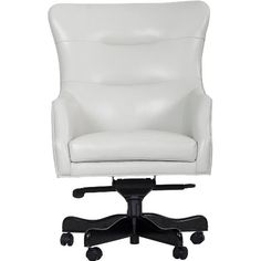 a white leather office chair with black wheels