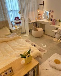 a bed room with a neatly made bed next to a desk and bookcases