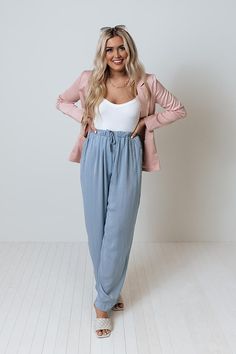 It will surely be a major fashion milestone when you add these chic sky blue pants to your wardrobe with their lightweight flowy material, high elastic waistline with a tie belt, side pockets and a single accent back pocket cut, and a slouched silhouette that falls straight into ankle-length hemlines! Impressions Online Boutique, Cute Spring Outfits, Pleat Top, High Waist Pants, Model Fits, Blue Pants, Waist Pants, New Wardrobe, Tie Belt