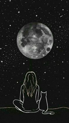 a woman sitting on the ground with her cat in front of a full moon and stars