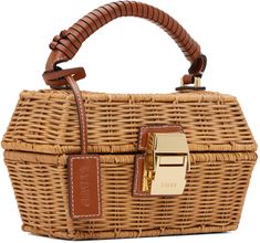 Structured hand-woven wicker top handle bag in beige. · Buffed leather trim throughout · Knotted detailing at leather-wrapped fixed carry handle · Detachable leather logo tag · Flip-clasp closure · Mirror at interior · Linen hopsack lining · Logo-engraved gold-tone hardware · H4 x W7.75 x D3.25 Supplier color: Natural Designer Rectangular Straw Bag With Gold-tone Hardware, Designer Rectangular Straw Bag With Top Carry Handle, Rectangular Straw Bag With Gold-tone Hardware For Shopping, Luxury Rectangular Straw Bag With Top Carry Handle, Designer Rectangular Straw Bag With Detachable Handle, Top Handle Straw Bag With Gold-tone Hardware, Brown Straw Bag With Gold-tone Hardware, Brown Top Handle Straw Bag With Gold-tone Hardware, Luxury Straw Basket Bag With Detachable Handle