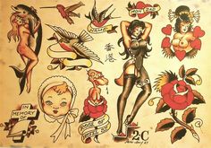 an old school tattoo flash sheet with girls and tattoos on it's back side