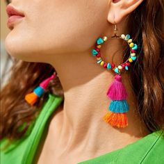 Tassel Drop Earrings Tassel Jewelry For Vacation, Beach Earrings With Latkans, Bohemian Tassel Earrings For Vacation, Bohemian Hoop Earrings For Beach In Spring, Bohemian Tassel Earrings For Beach, Summer Beach Tassel Earrings With Latkans, Bohemian Dangle Hoop Earrings For Spring, Bohemian Multicolor Earrings For Vacation, Bohemian Multicolor Vacation Earrings