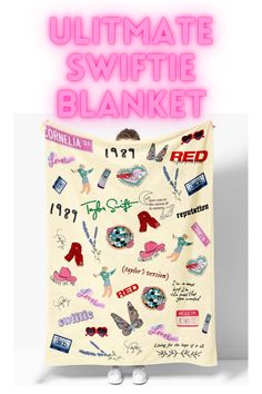 Taylor Swift blanket with references to songs and albums. Taylor Swift, Fearless, Speak now, red, 1989, repuation, lover, folklore, evermore. Swiftie Room, Swiftie Christmas, Gifts For Swifties, Party Bedroom