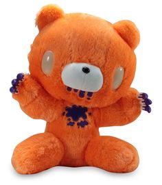 an orange teddy bear sitting on its hind legs with one paw up and two eyes closed