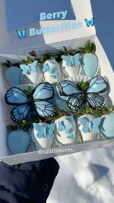 a box filled with blue and white butterfly cupcakes on top of snow covered ground