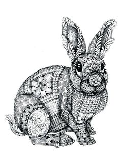 a black and white drawing of a rabbit with intricate patterns on it's body