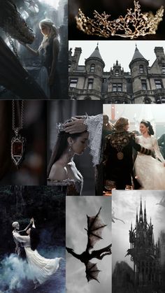 a collage of photos with some people in the background and an image of a castle