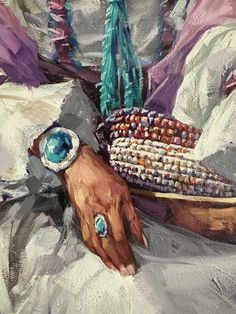 a painting of a person's hand holding a basket with beads and other items