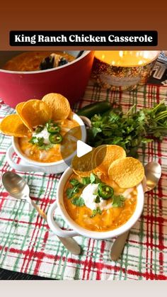 two bowls of chicken casserole with tortilla chips and cilantro