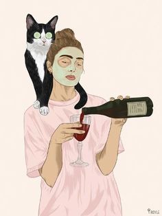 a woman with a cat on her shoulder holding a wine bottle and a glass in front of her face