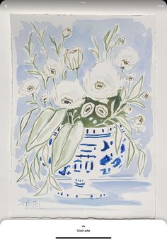 a painting of white flowers in a blue and white vase