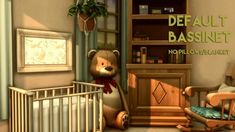 a teddy bear sitting next to a baby crib in a room filled with furniture