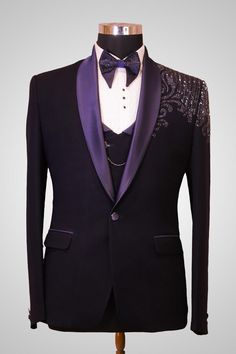 Dark purple party wear suit set of 5 pieces includes jacket with work as shown in image , a vest /waistcoat , pant, bow tie , and a white plain shirt to catch the eyeballs in event. embroidery jacket, men purple tuxedo, coat pant vest, suit with waistcoat, groom custom blazer, bespoke suit dress, made to measure suit, wedding wear ideas, gift for fiance, plus size suit, slim fit suit set, thread work jacket, shawl collar jacket Required Measurement for Coat: Actual(naked) Chest Waist (all around Italian Tuxedo, Suit For Prom, Stylish Waistcoats, Purple Tuxedo, Lavender Pants, Suit For Wedding, Purple Suit, Made To Measure Suits, Wine Colour