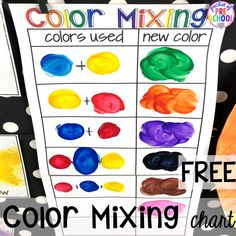 color mixing chart for kids with the words, colors used new color and free printable chart