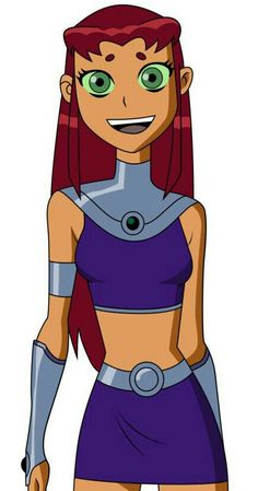 an animated character with red hair and green eyes, wearing purple shorts and a blue top