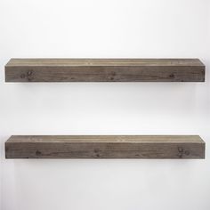 two wooden shelves on the wall with white background