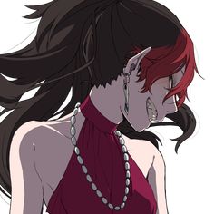 an anime character with long hair and piercings on her ears, wearing a red dress