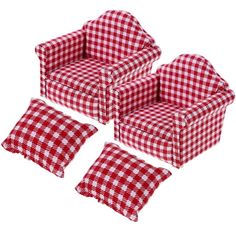 four red and white checkered chairs with pillows